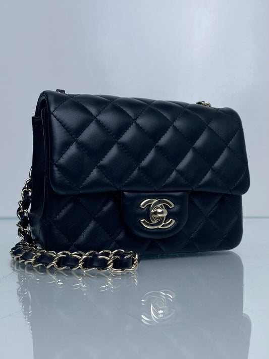 Chanel Black Quilted Lambskin Square Classic Single Flap Mini Bag LGHW