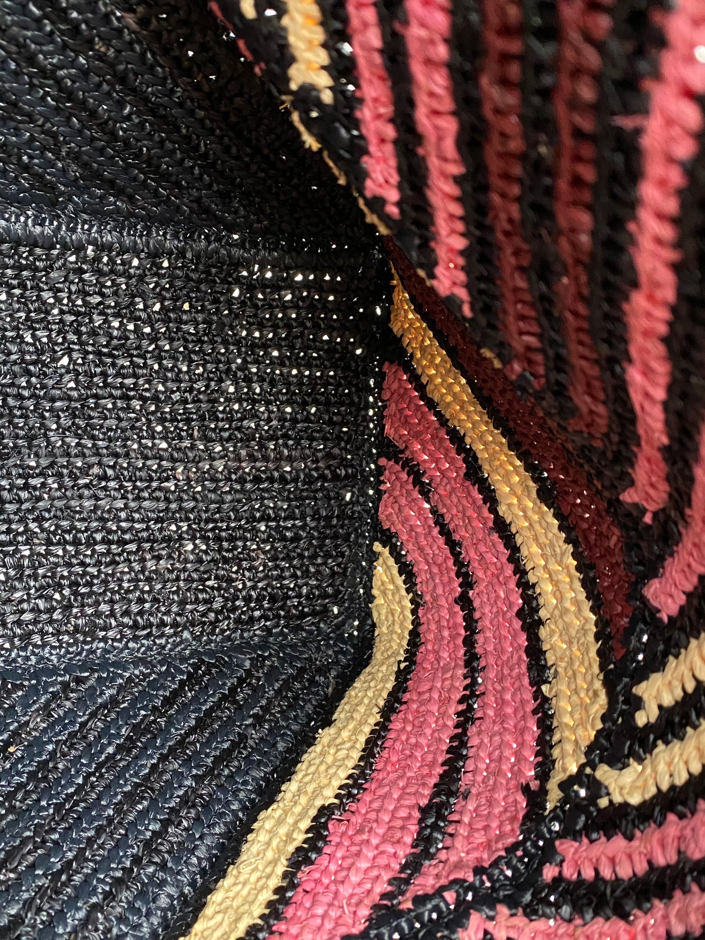 Loewe Pink, Black, & Tan Raffia Puzzle Fold Medium Tote Bag