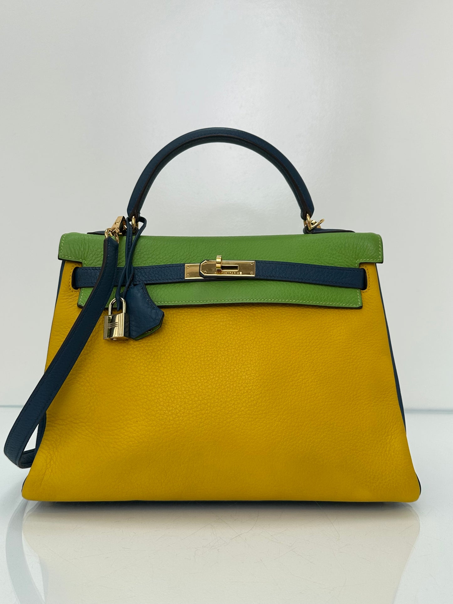 Hermes Kelly 32 Vert Cru, Jaune, and Blue Thalassa Clemence GHW #G