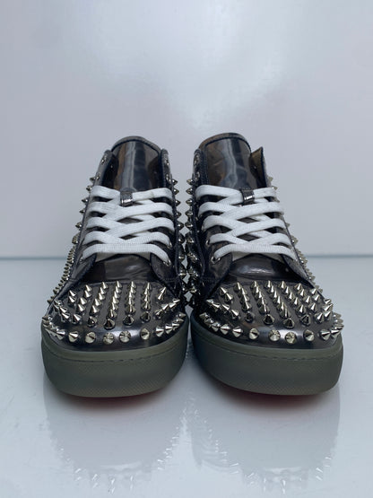 Christian Louboutin Metallic Silver Patent Leather Spiked High-Top Sneakers, 43