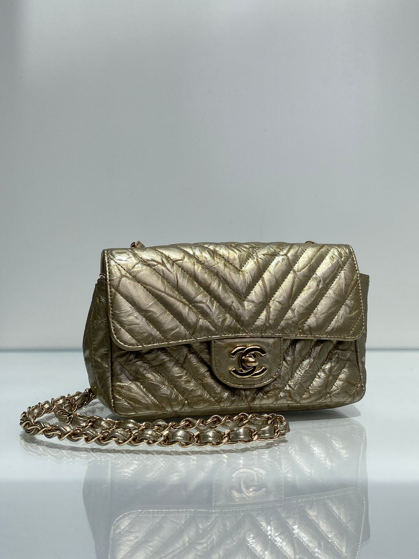 Chanel Classic Flap Small Metallic Crinkled Calf Chevron Crossbody LGHW