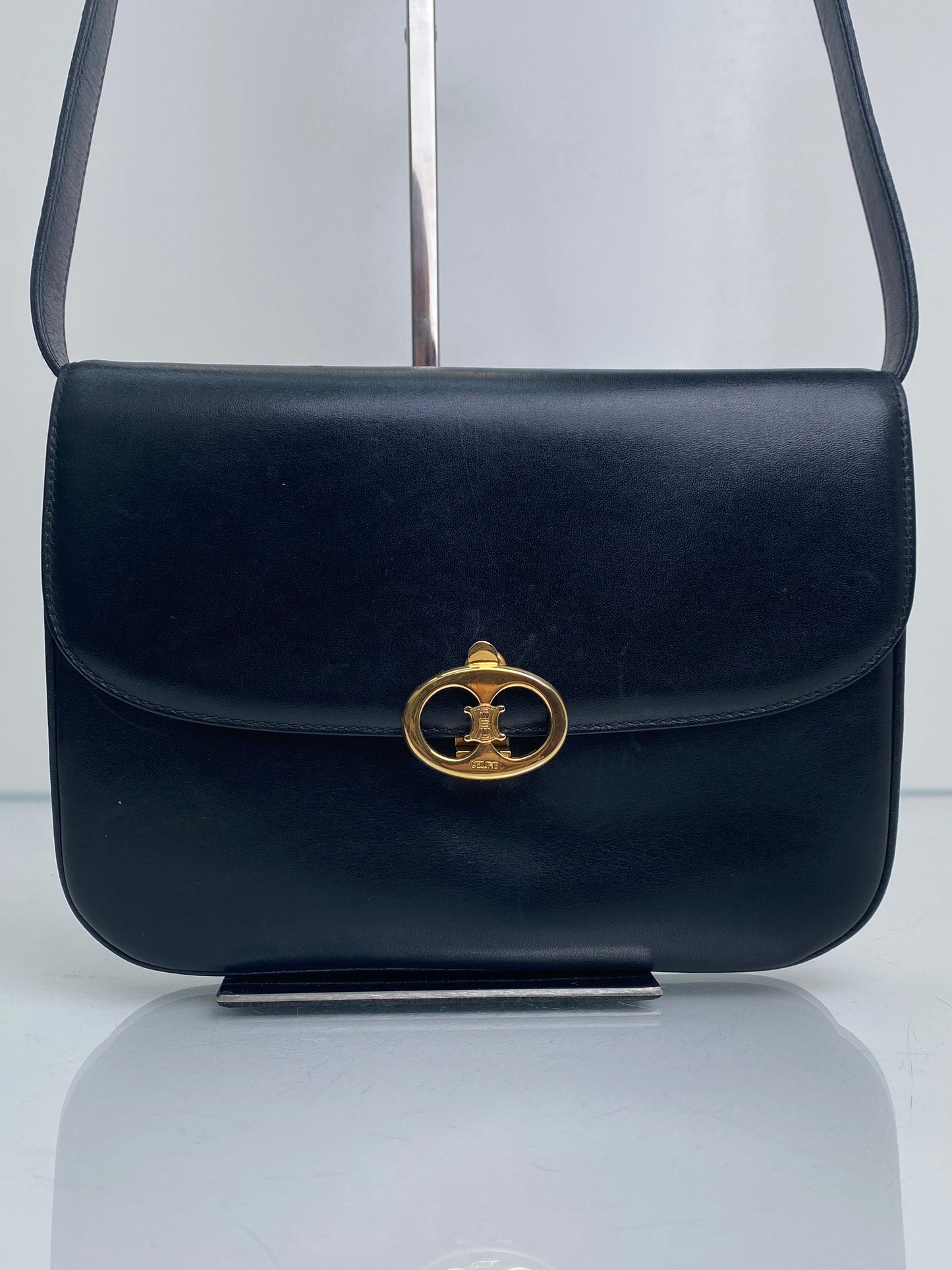Celine Vintage Black Calfskin Leather Shoulder Bag GHW