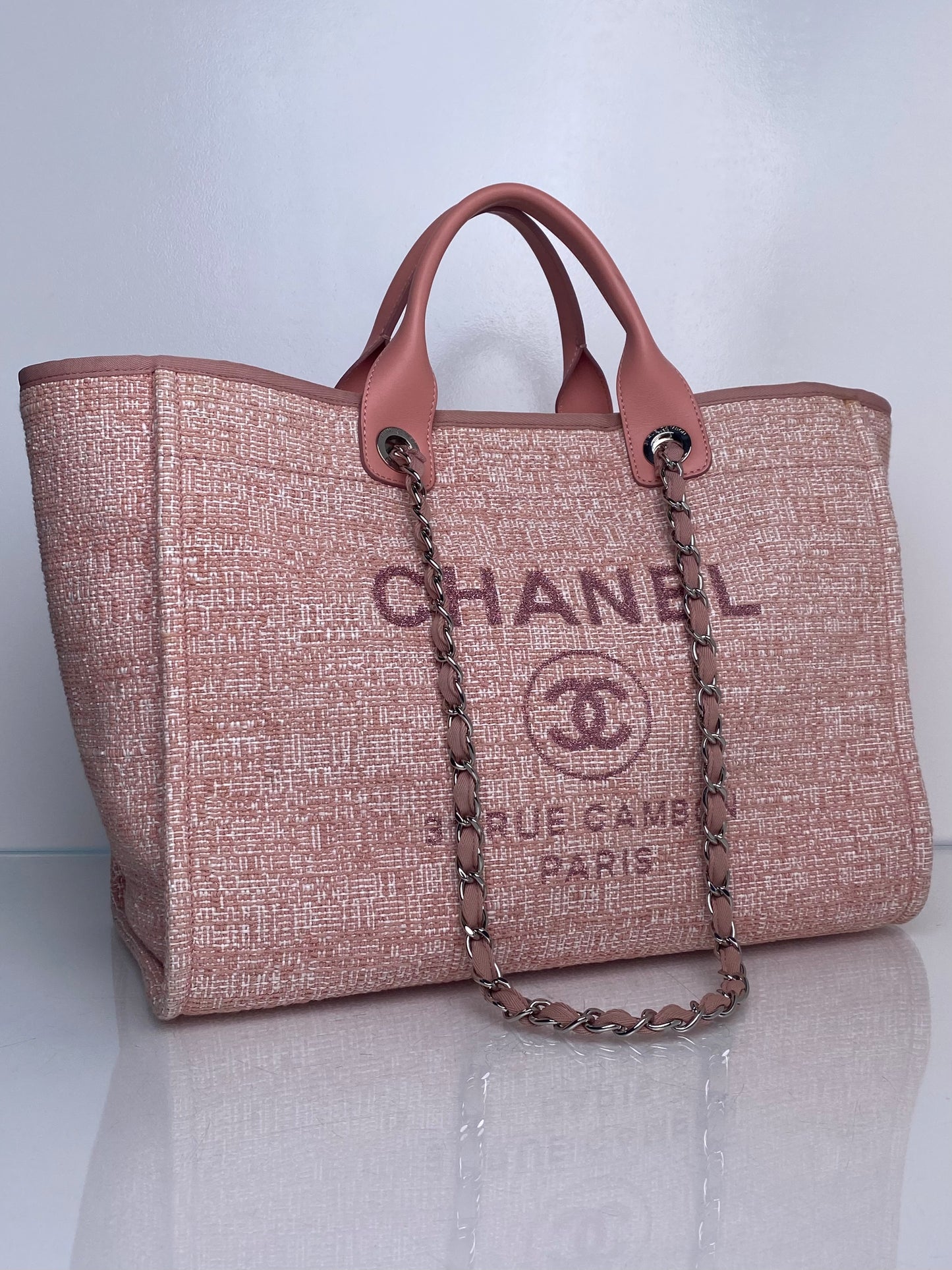 Chanel Pink Glitter Deauville Tweed Medium Tote Bag SHW