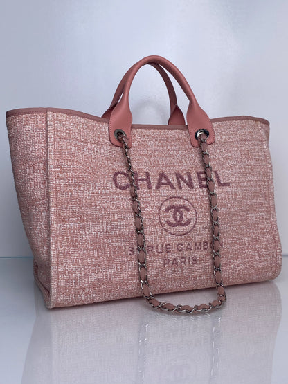 Chanel Pink Glitter Deauville Tweed Medium Tote Bag SHW