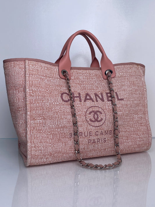 Chanel Pink Glitter Deauville Tweed Medium Tote Bag SHW