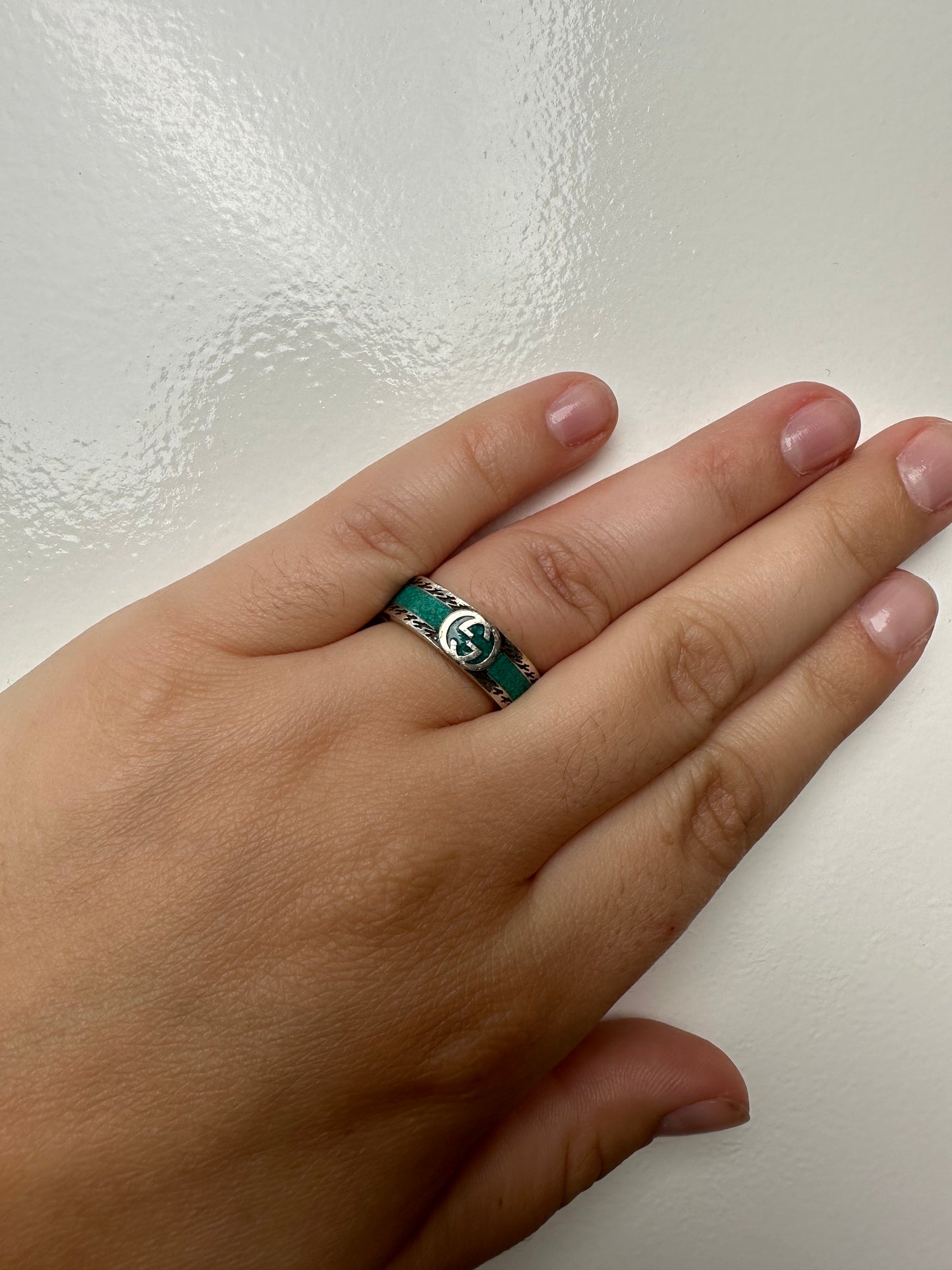 Gucci Silver and Teal Ring, 5.5