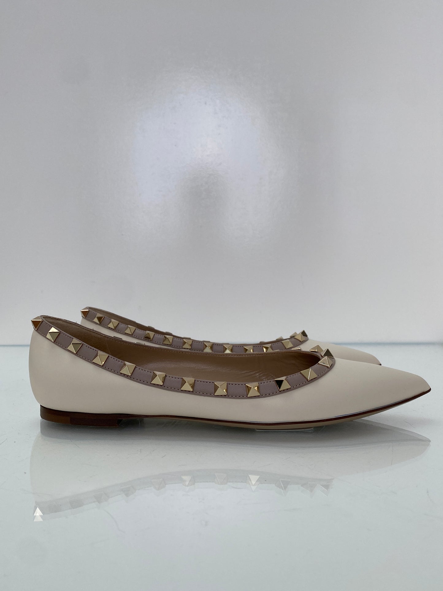 Valentino White & Blush Leather Studded Ballet Flats, 37.5