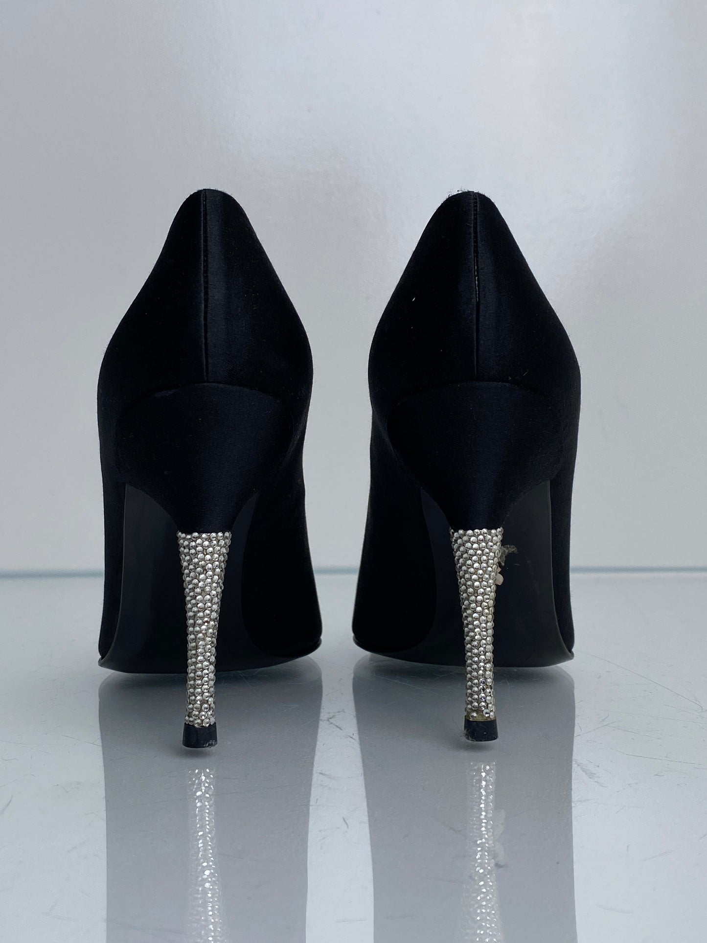 Stuart Weitzman Vintage Black Satin & Rhinestone Heels, 8.5