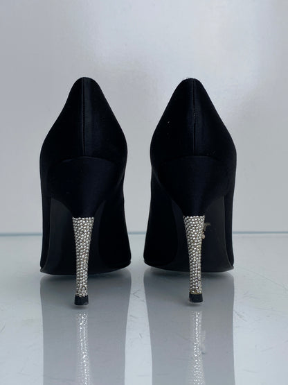 Stuart Weitzman Vintage Black Satin & Rhinestone Heels, 8.5