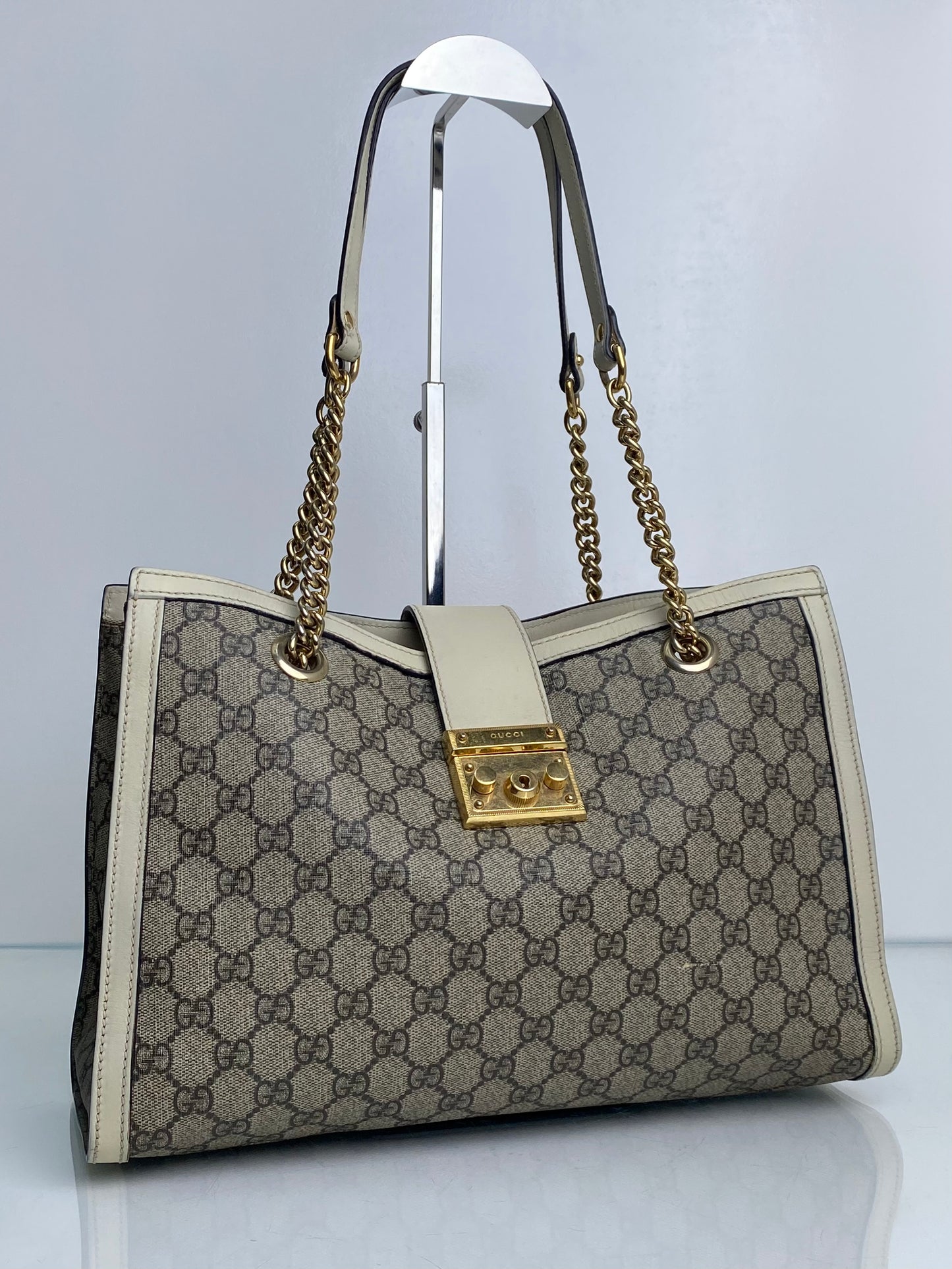 Gucci White GG Suprmeme Medium Padlock Tote Bag GHW (As Is)