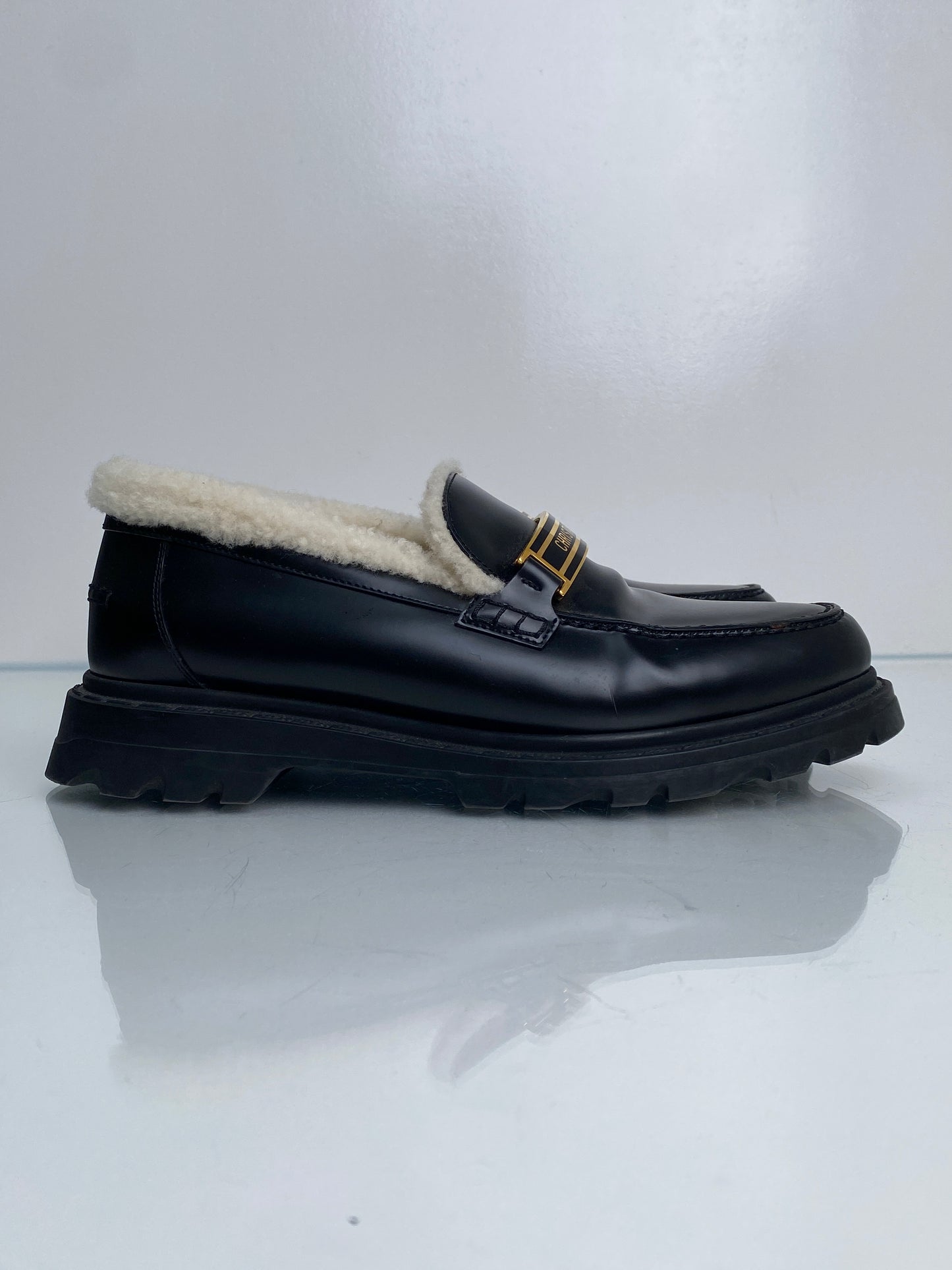 Christian Dior Black Leather Shearling Loafers, 41