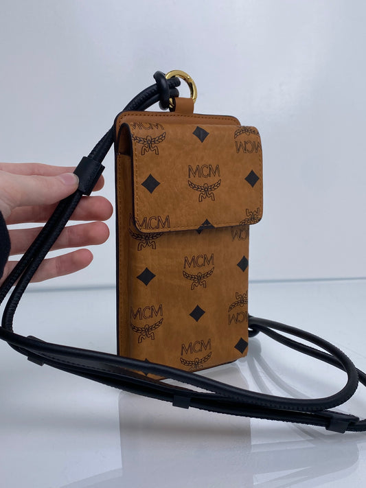 MCM Visetos Brown Leather Phone Lanyard