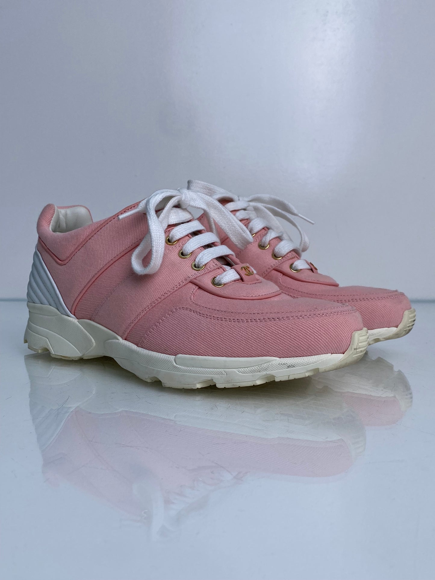 Chanel Pink & White CC Linen Sneakers, 39.5