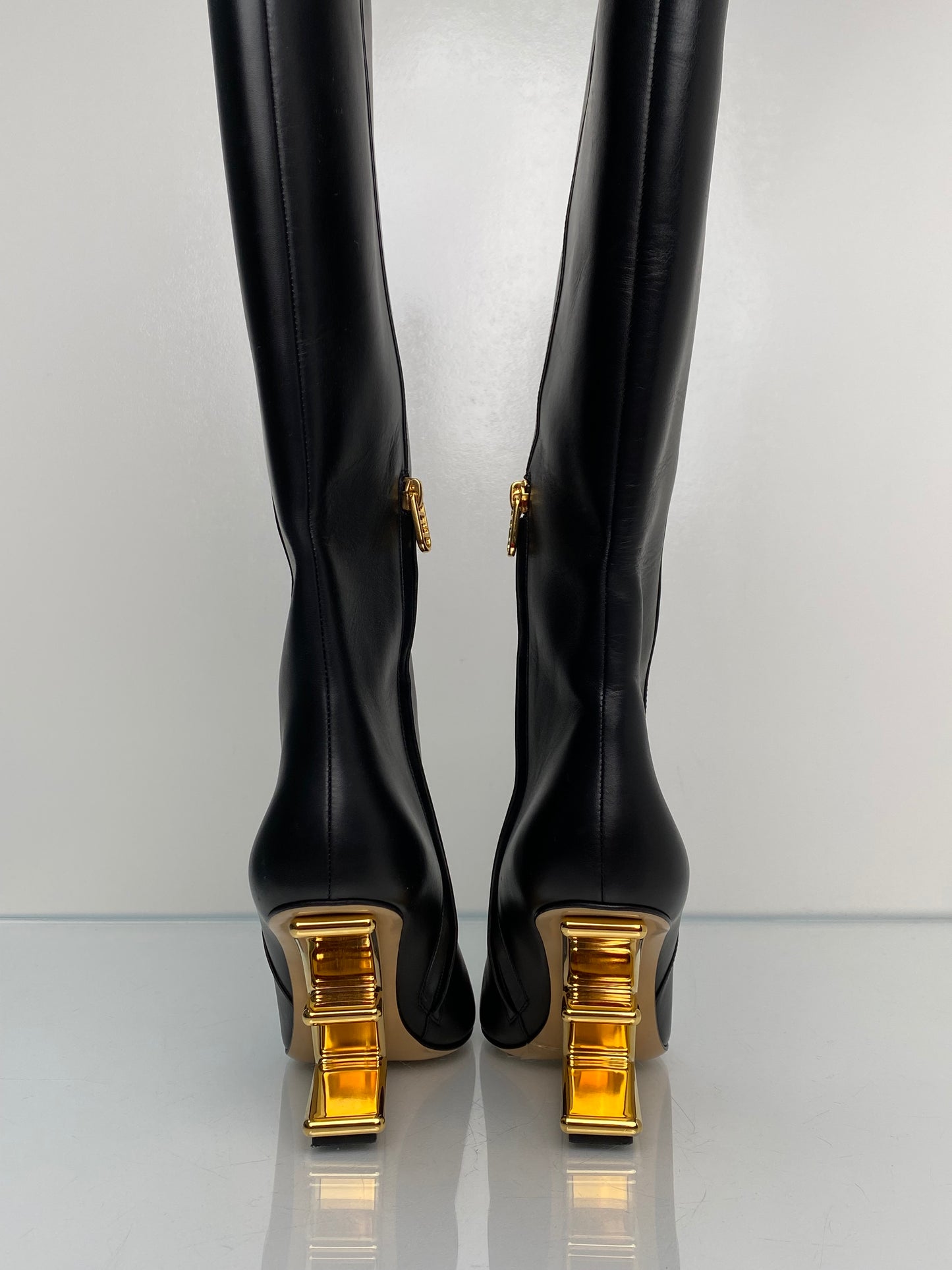 Fendi First Black & Gold Leather F-Heel Boots, 39.5