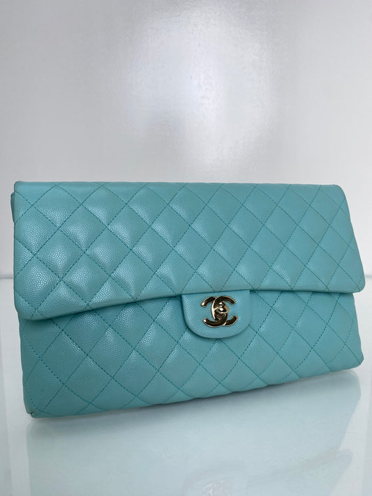 Chanel Light Blue Caviar Quilted Clutch LGHW