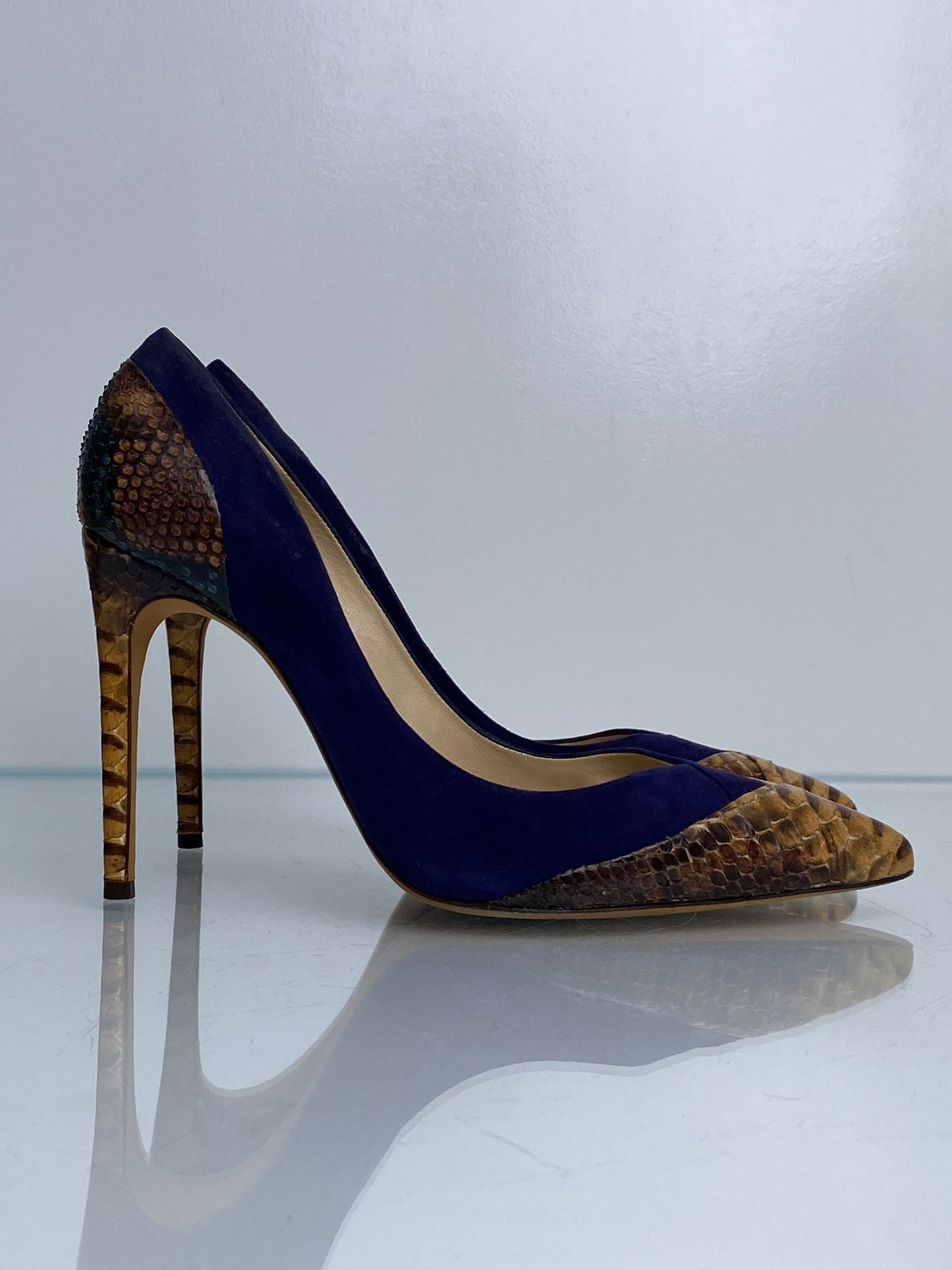 Alexandre Birman Navy  Suede & Brown Exotic Heels, 38.5