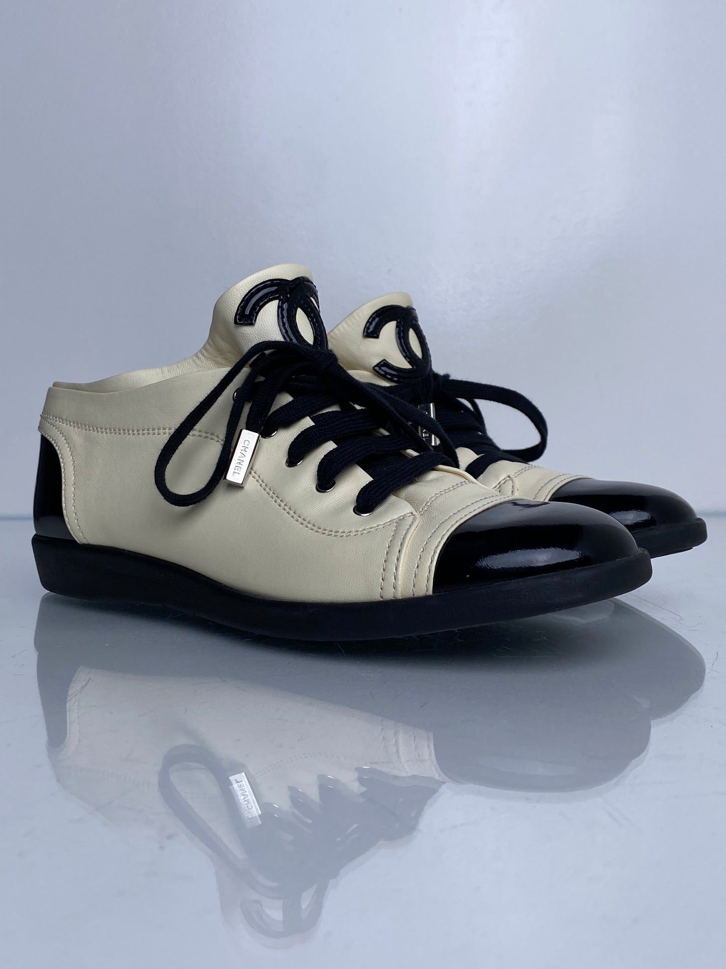 Chanel Black & Cream Patent & Lambskin CC Cap Toe Sneakers, 40