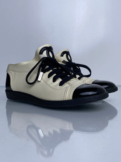 Chanel Black & Cream Patent & Lambskin CC Cap Toe Sneakers, 40