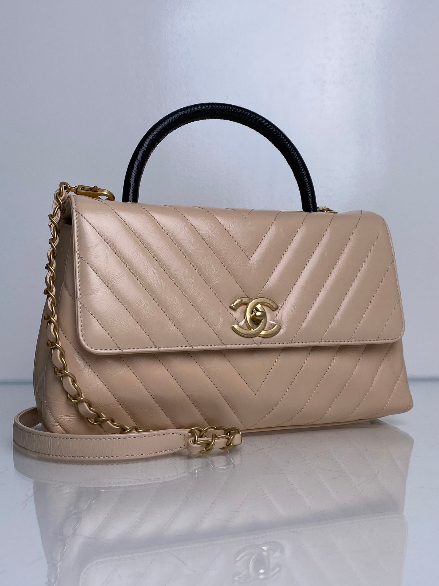 Chanel Beige & Black Chevron Lizard Coco Top Handle Bag GHW #25