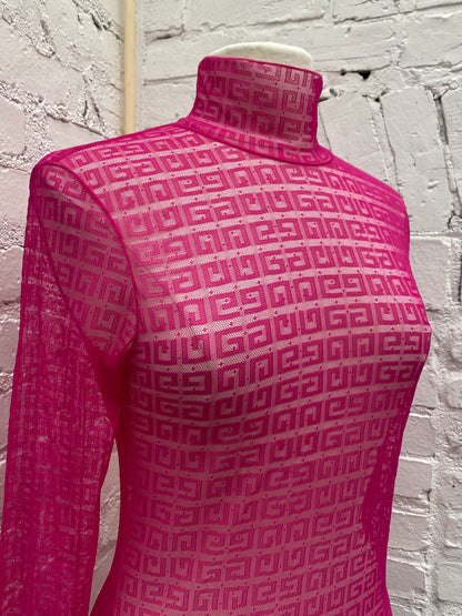 Givenchy Hot Pink Mesh Logo Bodysuit, M