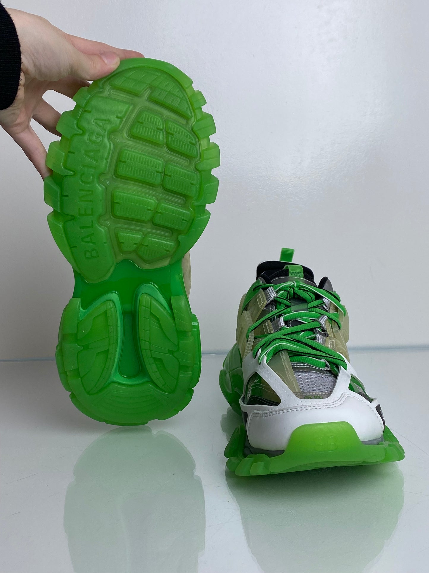 BALENCIAGA White, Grey, & Green Track Sneakers, 9