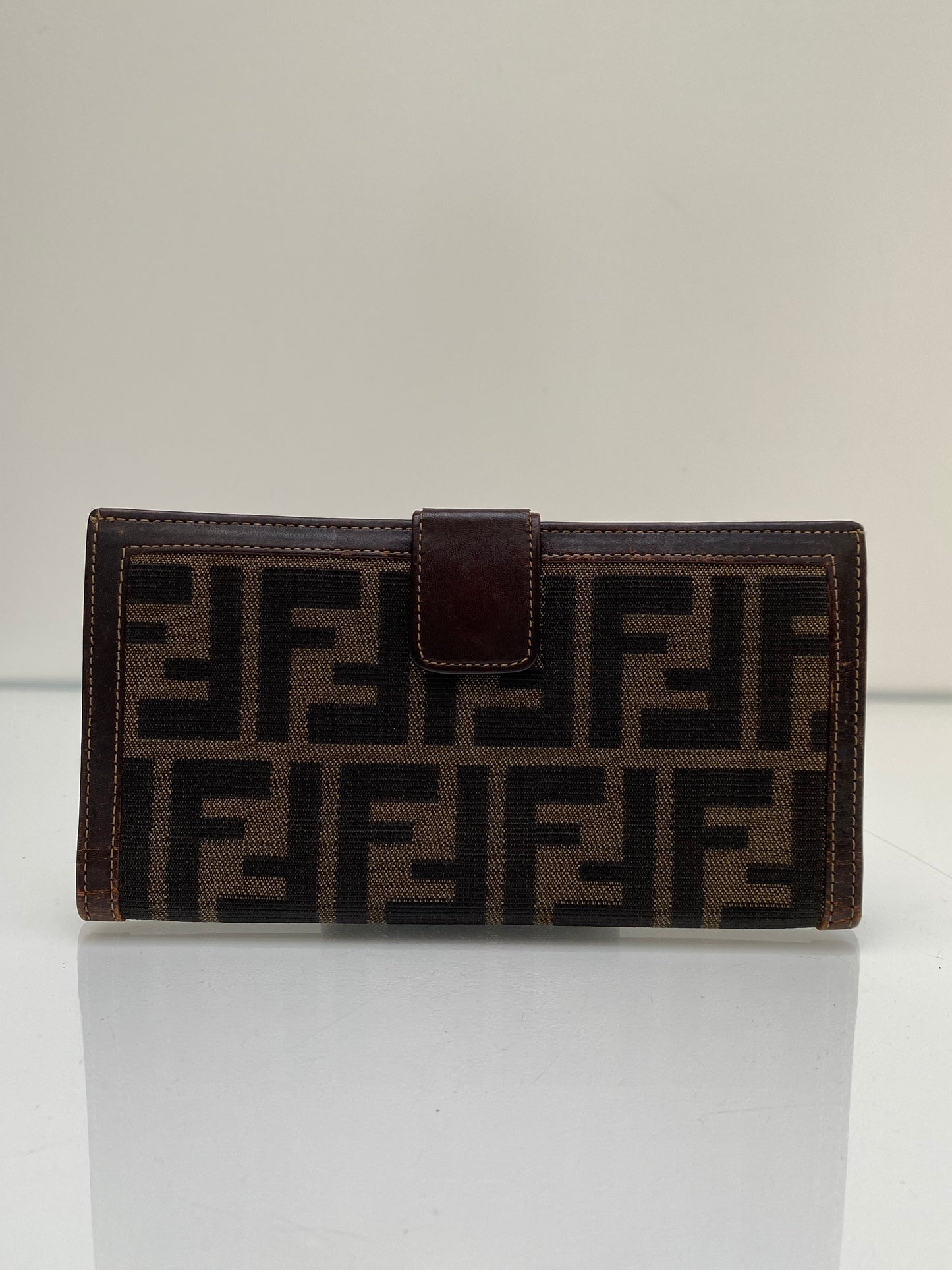 Fendi Brown Leather & FF Zucca Print Snap Wallet