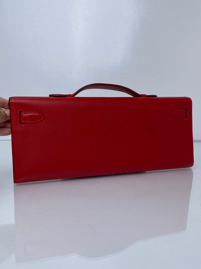 Hermes Kelly Cut Pochette Rouge Casaque Swift PHW #M