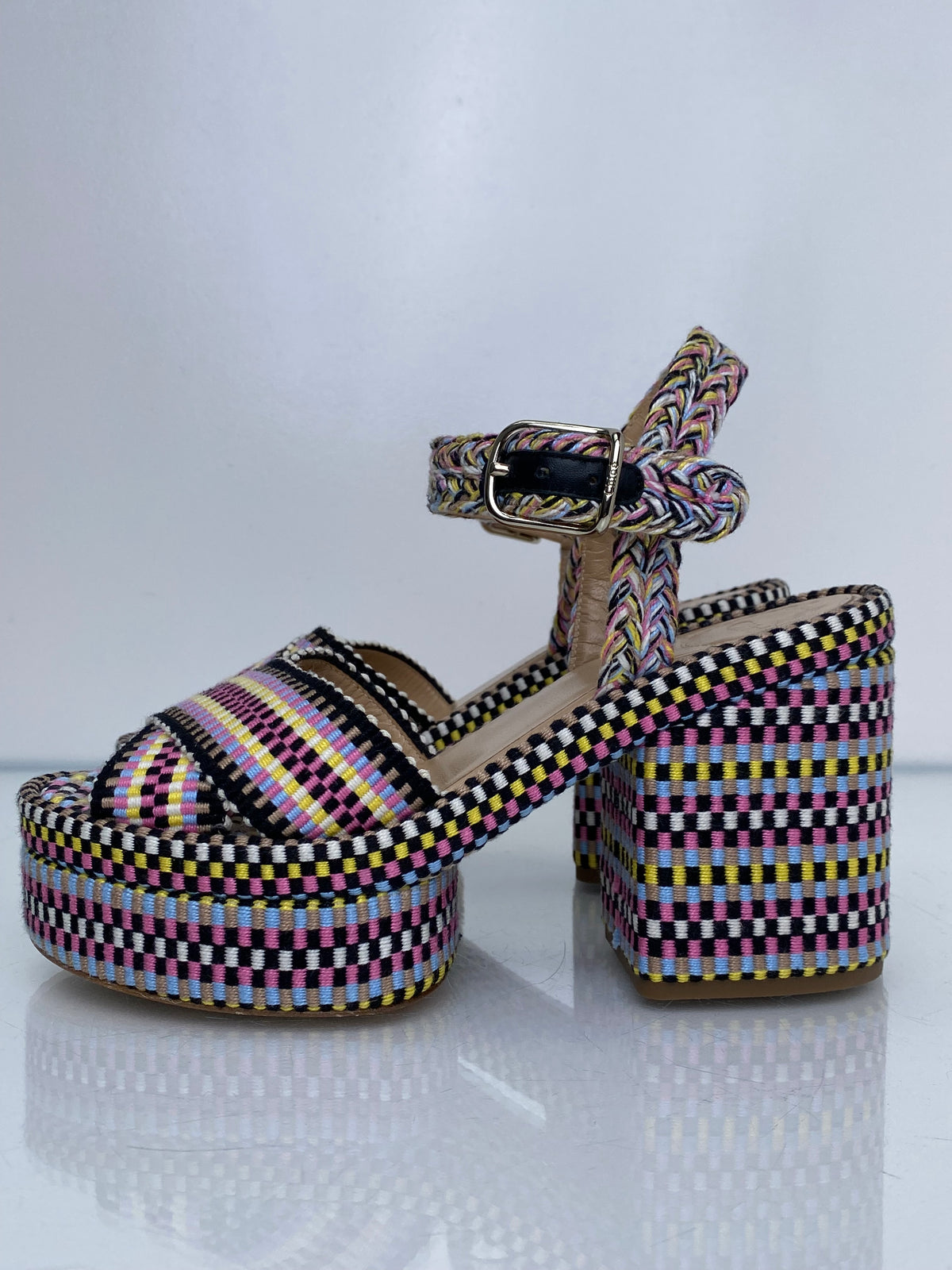 Chloe Black, White, & Multicolor Braided Heels, 38