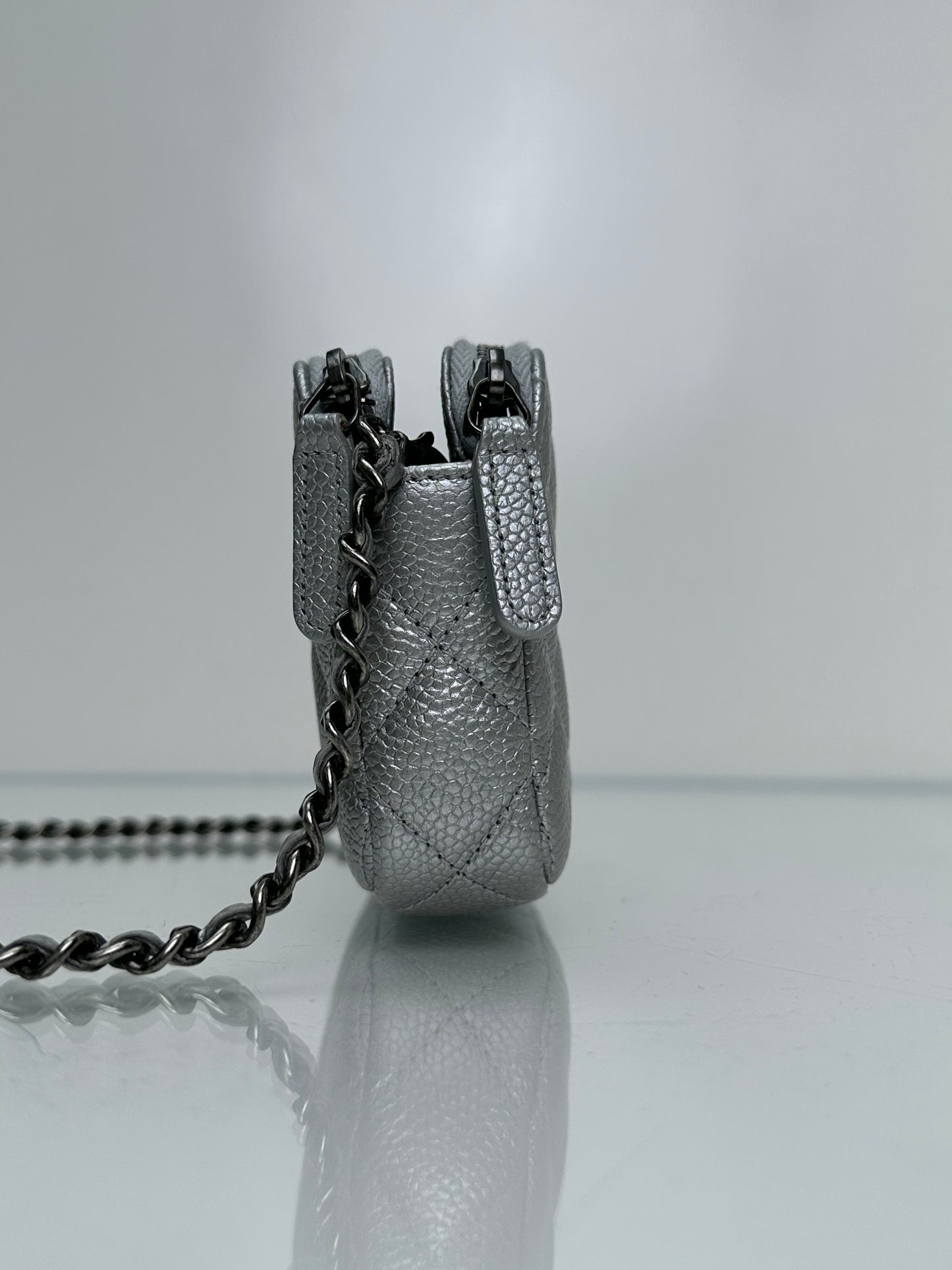 Chanel Double Zip Silver Metallic Caviar Clutch SHW #23