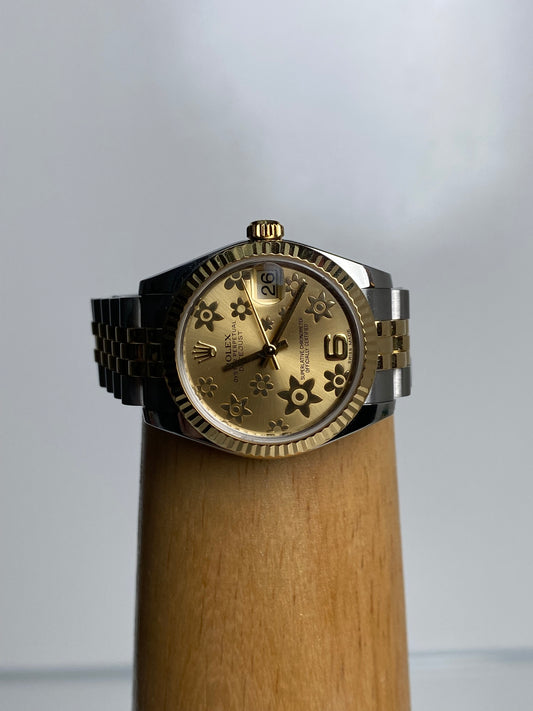 Rolex Two-Toned Champagne Floral Datejust Watch, 31
