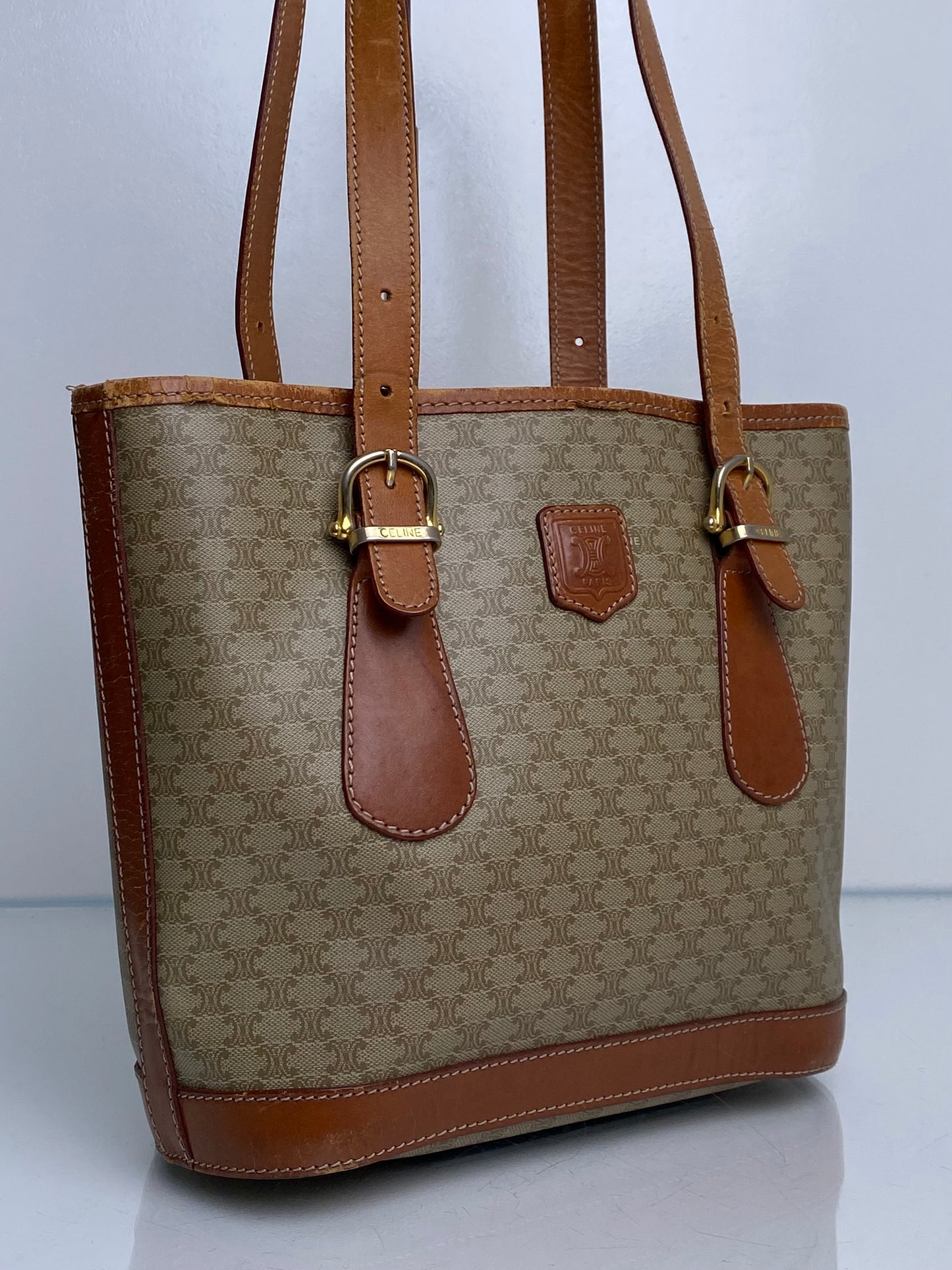 Celine Vintage Khaki Macadam Small Tote Bag GHW