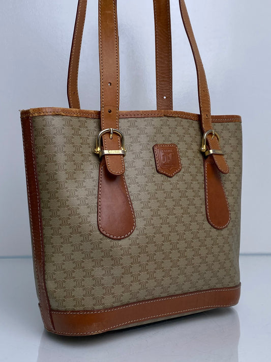 Celine Vintage Khaki Macadam Small Tote Bag GHW