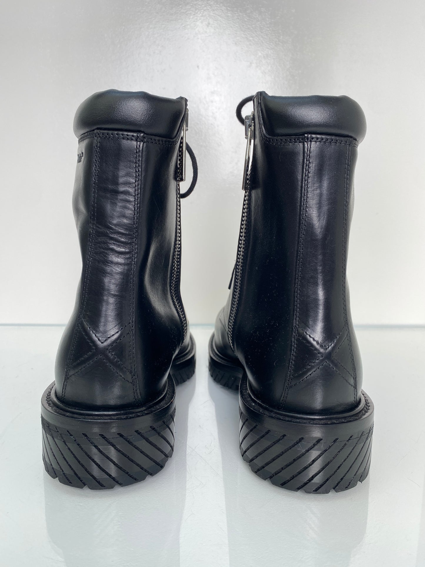 Off White Black Lace Up Combat Boots, 42
