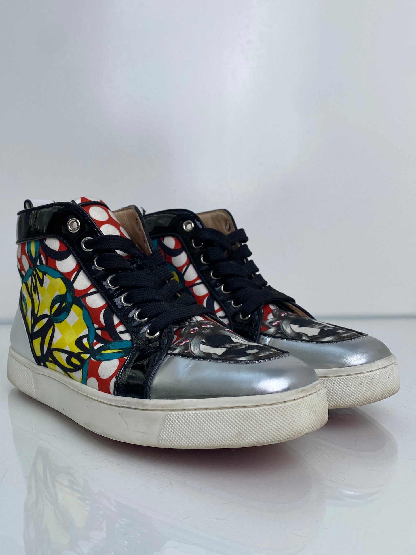 Christian Louboutin Black, Silver, & Multicolor High Top Sneakers, 39