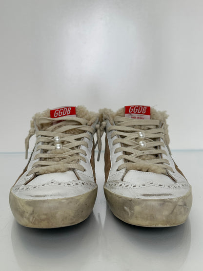 Golden Goose White Leather,  Brown Suede, & Sherpa  High Top Sneakers, 37