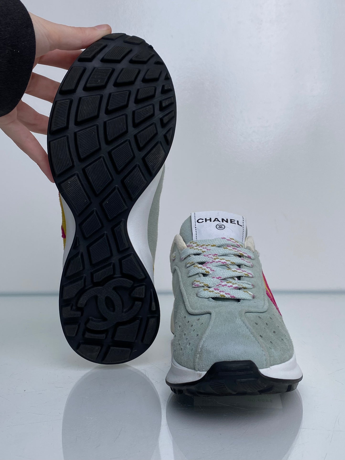 Chanel Blue, Yellow, & Pink Suede CC Sneakers, 36