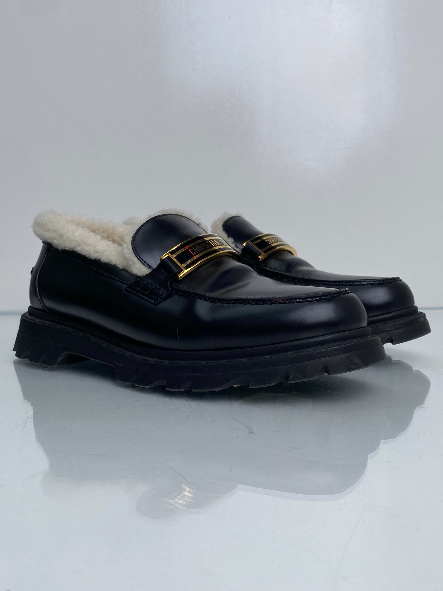 Christian Dior Black Leather Shearling Loafers, 41