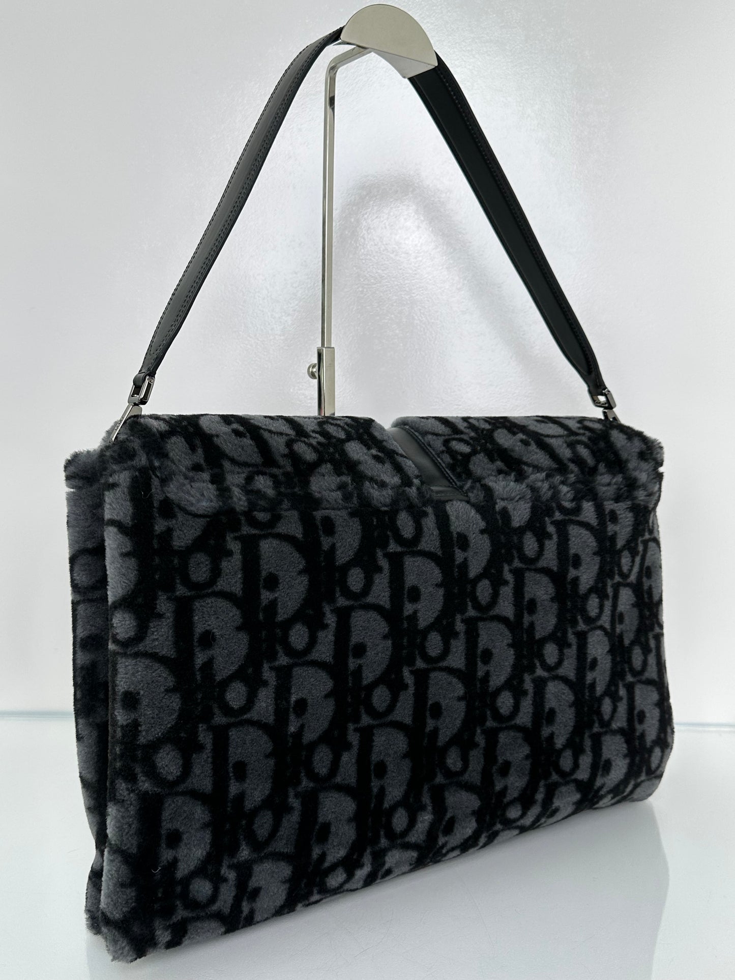 Dior Black & Dark Grey Oblique  Shearling Saddle Briefcase Bag BHW