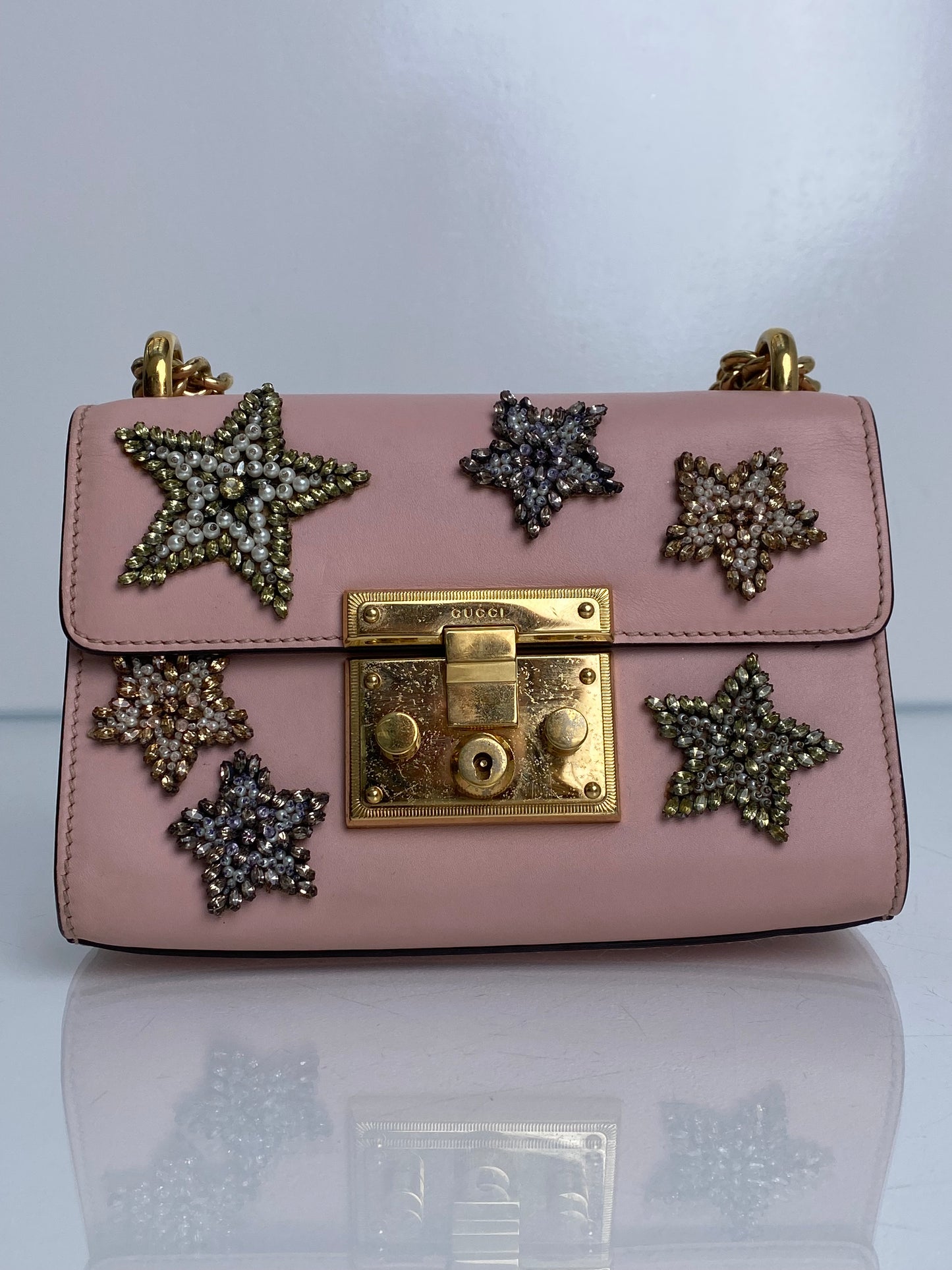 Gucci Pink Crystal Star Padlock Small Crossboday Bag GHW