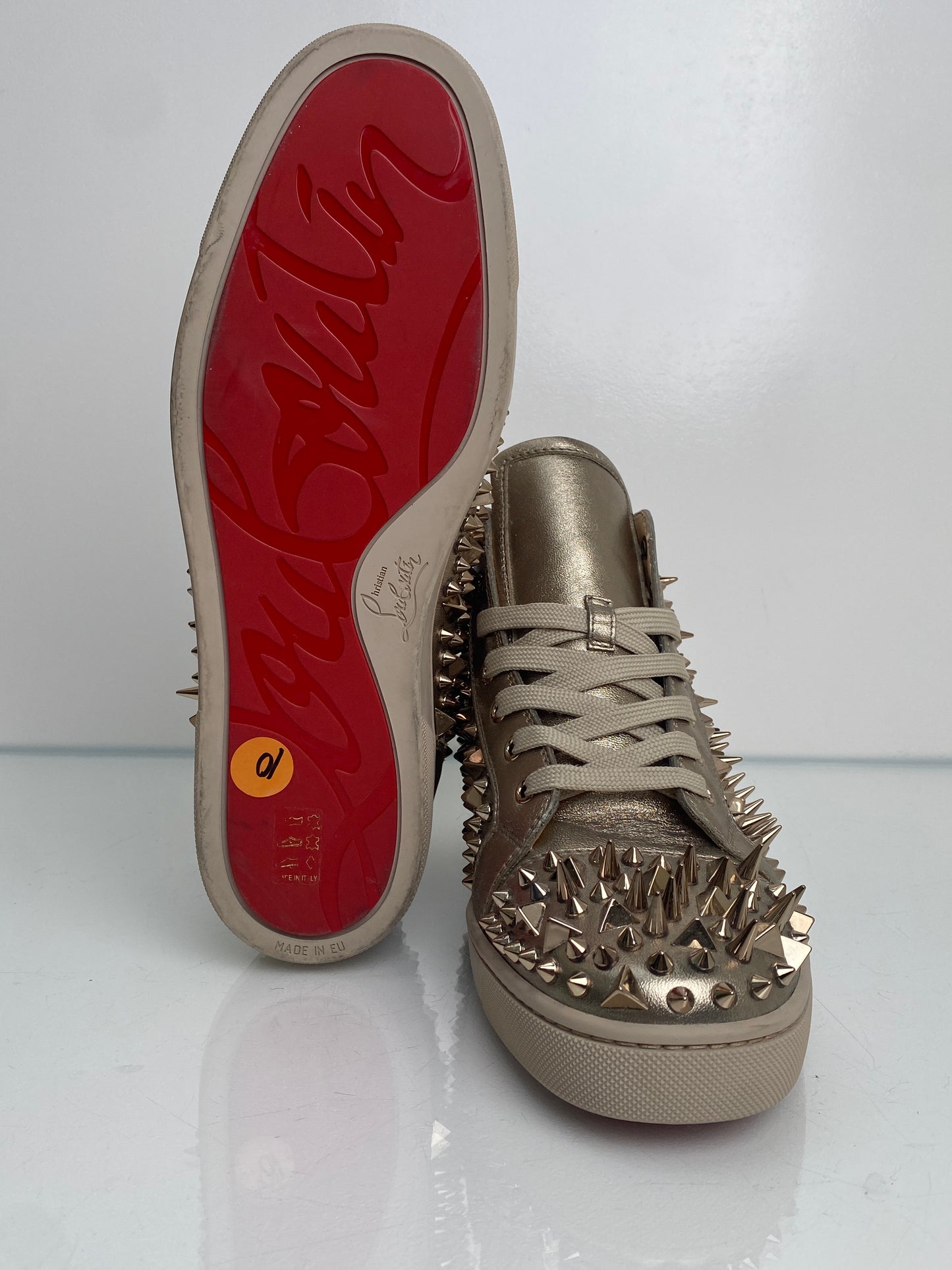 Christian Louboutin Silver Leather Spiked High-Top Sneakers, 43