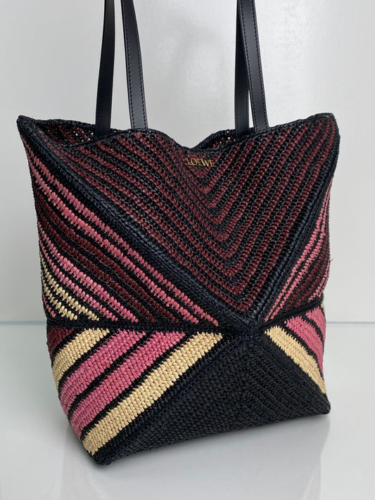 Loewe Pink, Black, & Tan Raffia Puzzle Fold Medium Tote Bag
