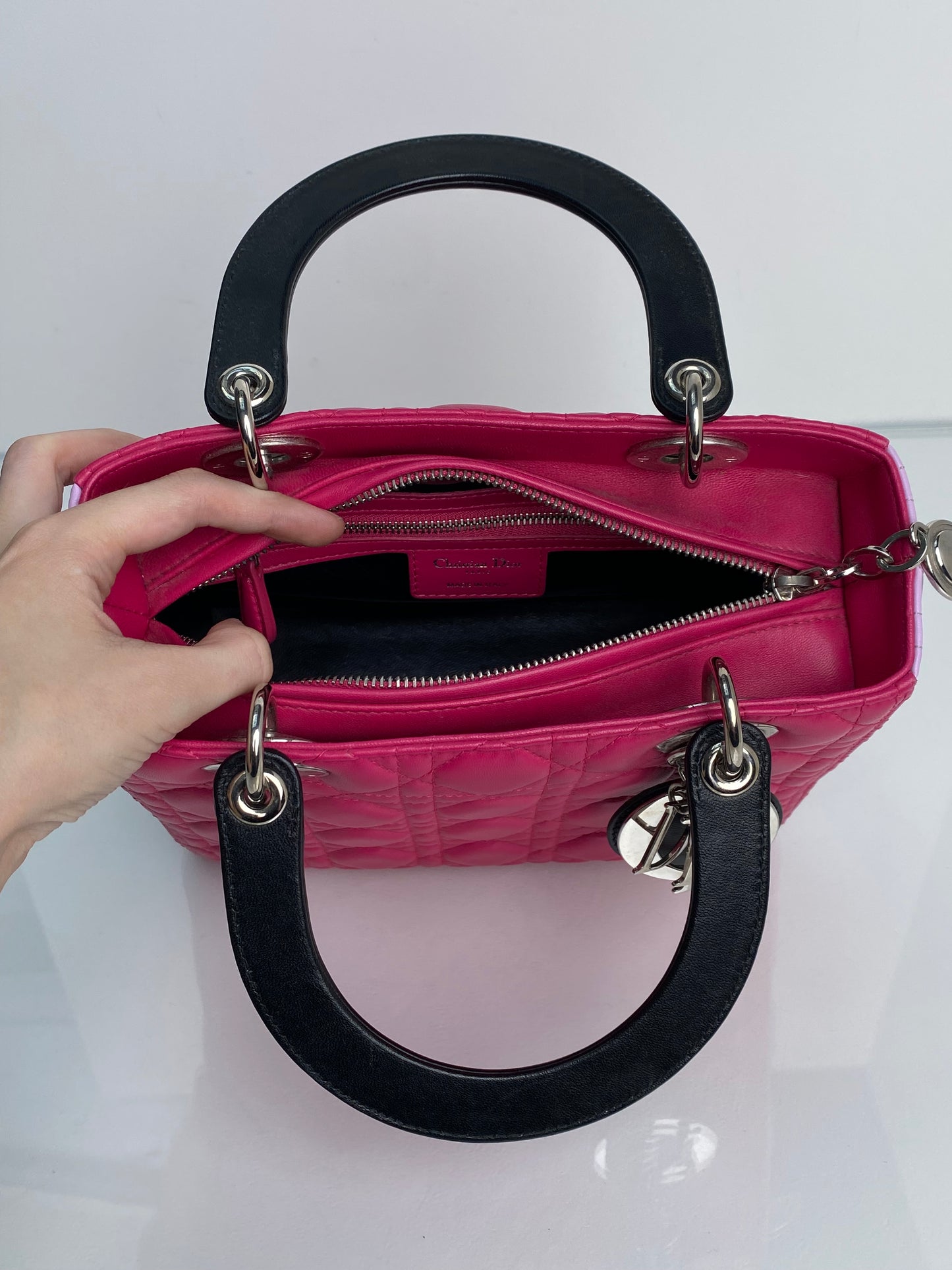 Christian Dior Pink & Black Medium Lady Dior Bag SHW