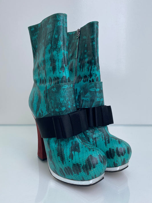 Miu Miu Teal, Black, & Burgundy Exotic Platform Boot Heels, 38