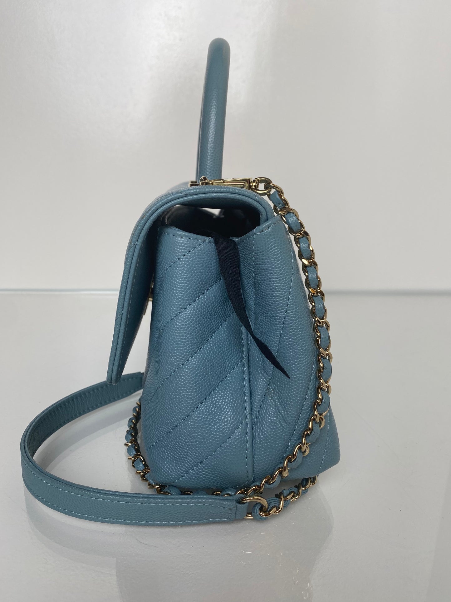Chanel Blue Caviar Chevron Coco Tophandle Bag GHW