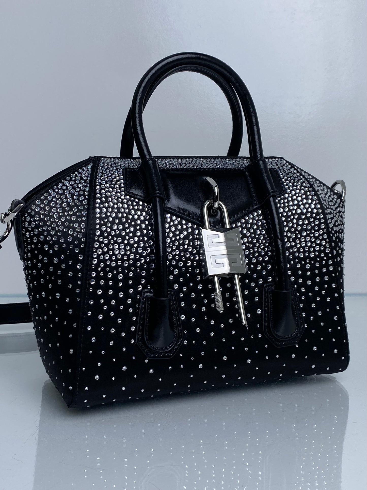 Givenchy Mini Antigona Lock Black Satin and Strass Crossbody Bag