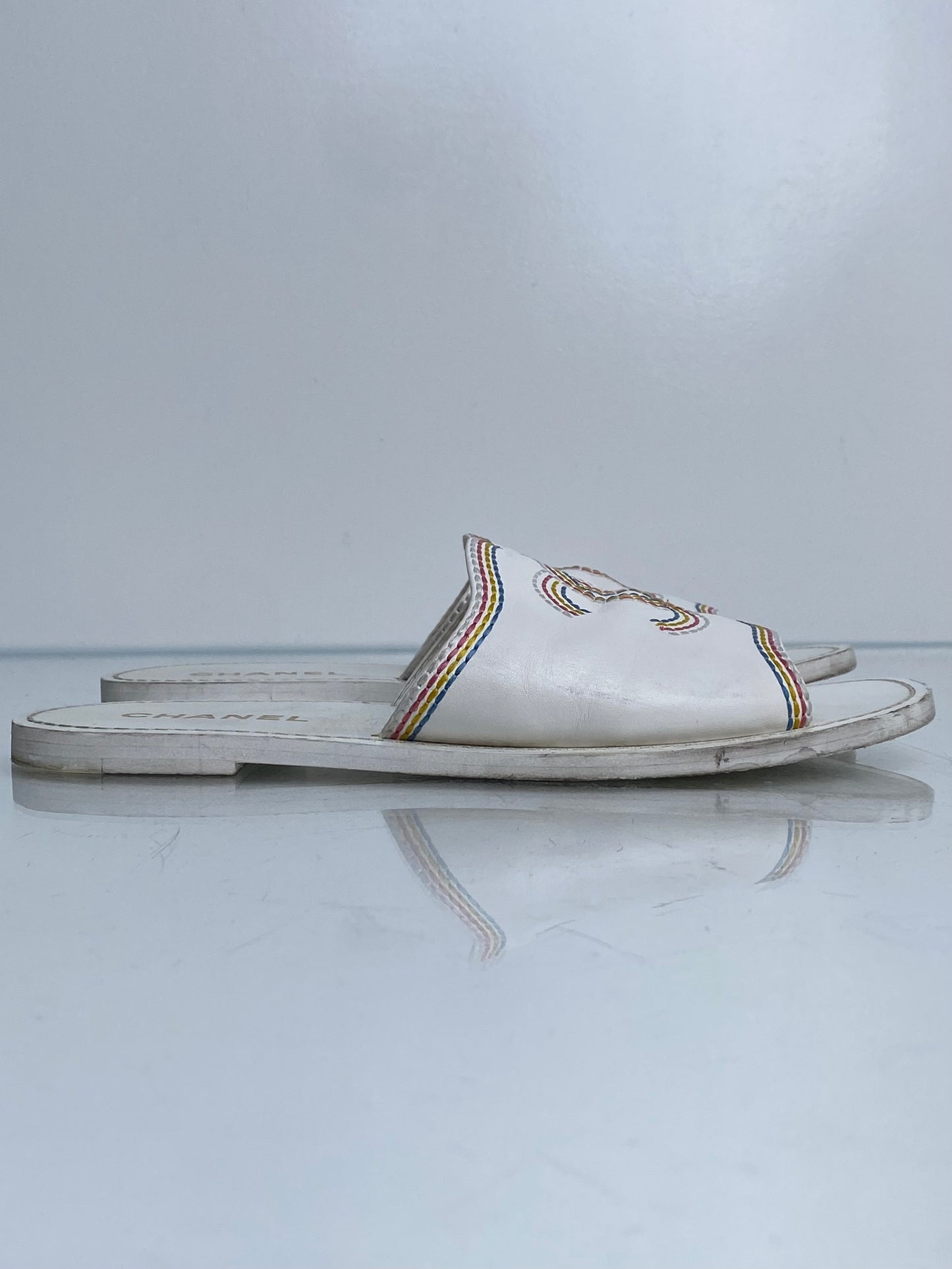 Chanel White & Multicolor Embroidered CC Sandals, 39.5 (As Is)