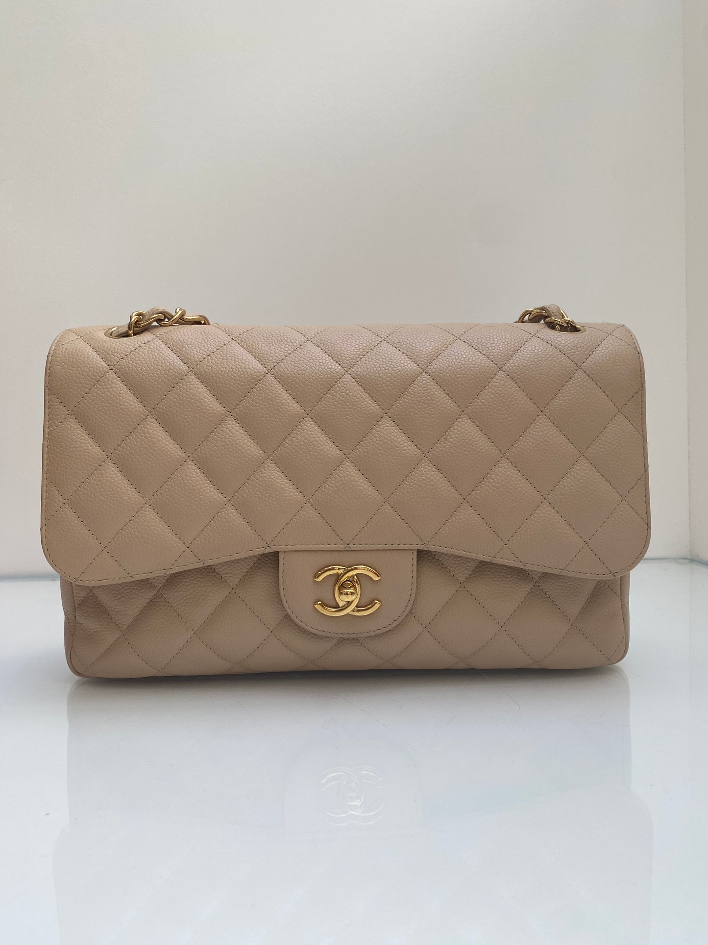 Chanel Beige Jumbo Double Flap Caviar GHW Bag