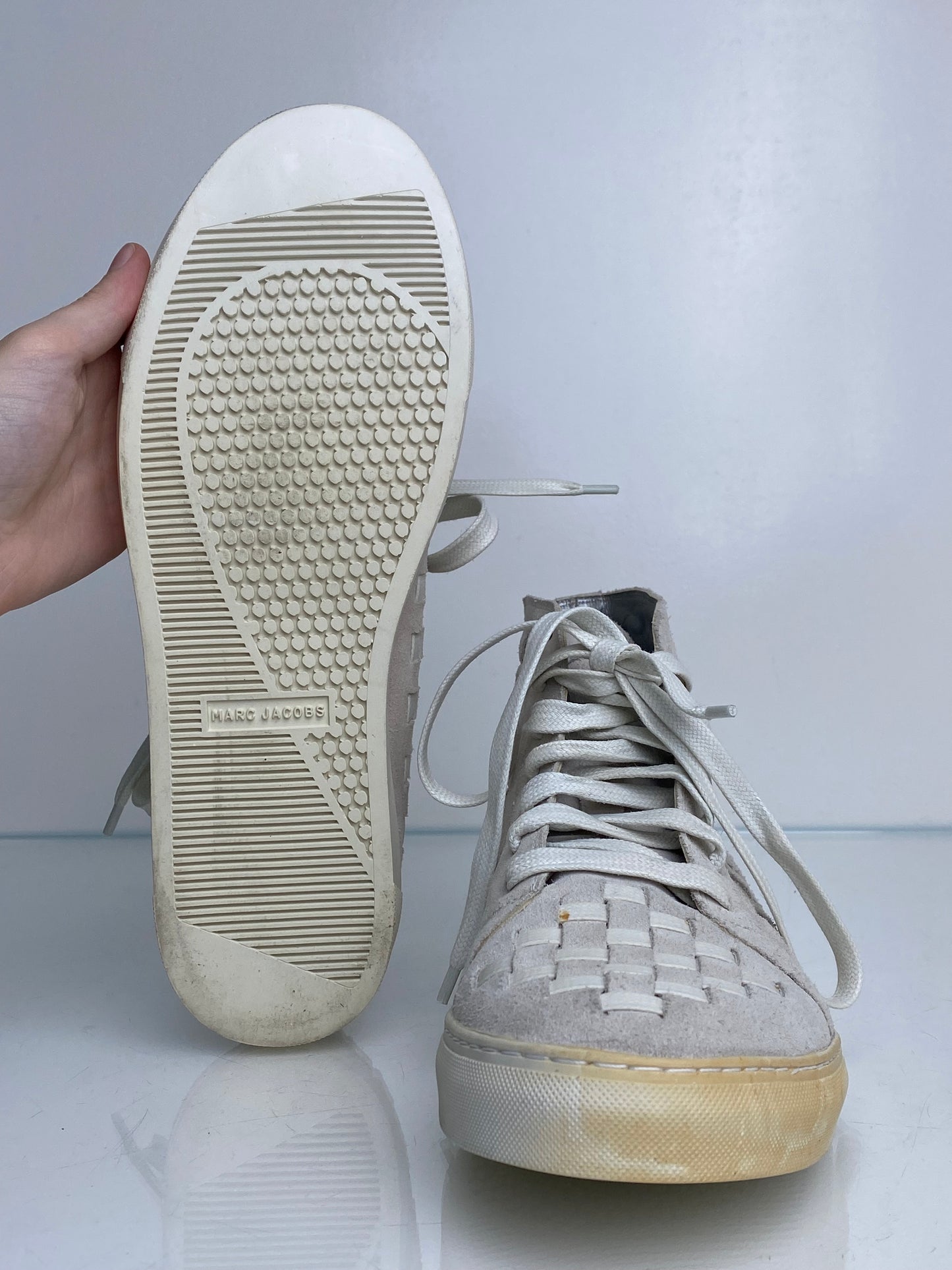 Marc Jacobs Men’s White & Gray Suede High Top Sneakers, 12