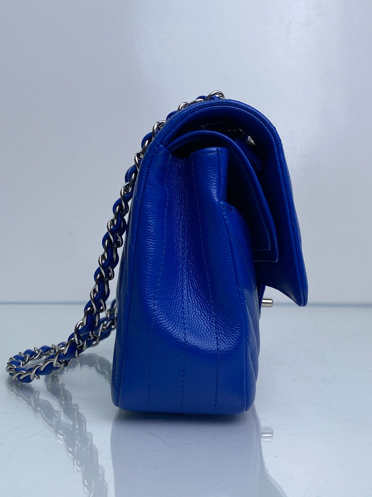 Chanel Blue Caviar Chevron Medium Classic Flap Bag SHW #22