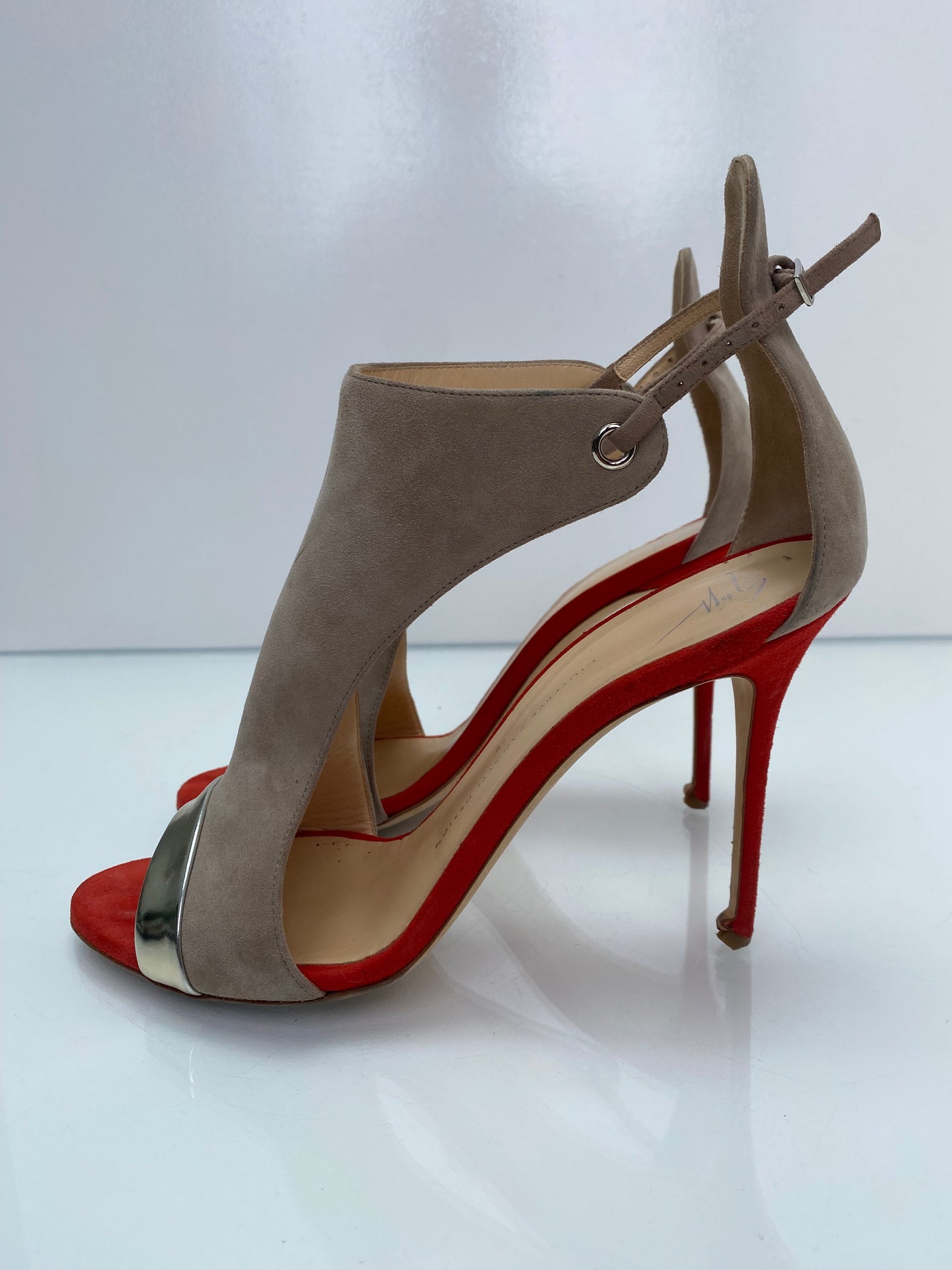 Giuseppe Zannoti Taupe, Red, & Metallic Mistico Heels, 11